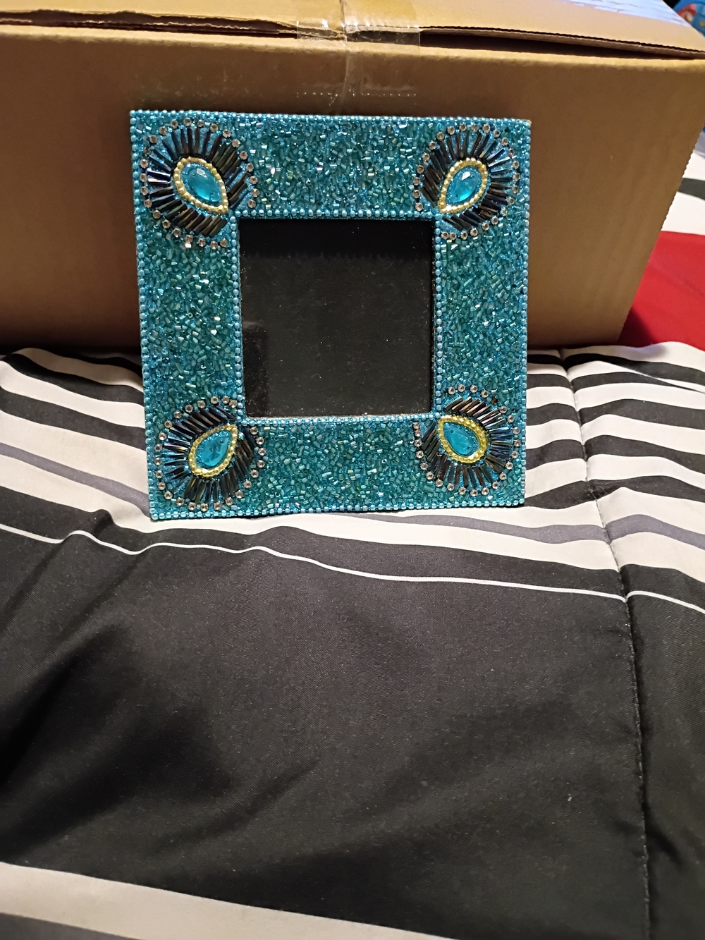 Turquoise Beaded  Peacock Accent Frame with Peacock feathers Embellishments